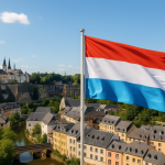 Assurance vie luxembourgeoise avec vue sur Luxembourg et drapeau national en premier plan