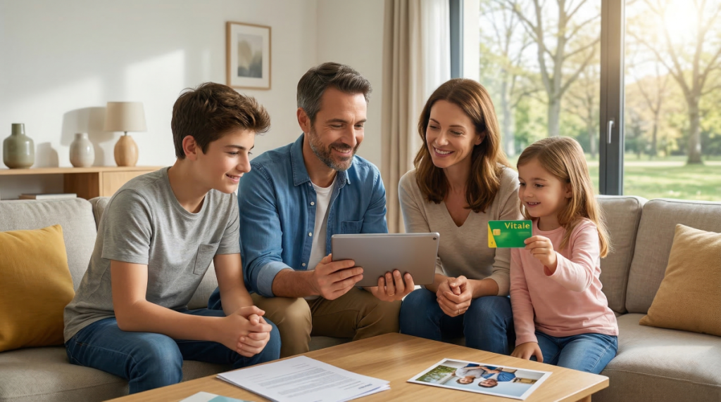 Illustration d'une famille unie et rassurée après avoir rattaché ses membres comme ayants droit à la mutuelle et à la Sécurité sociale.