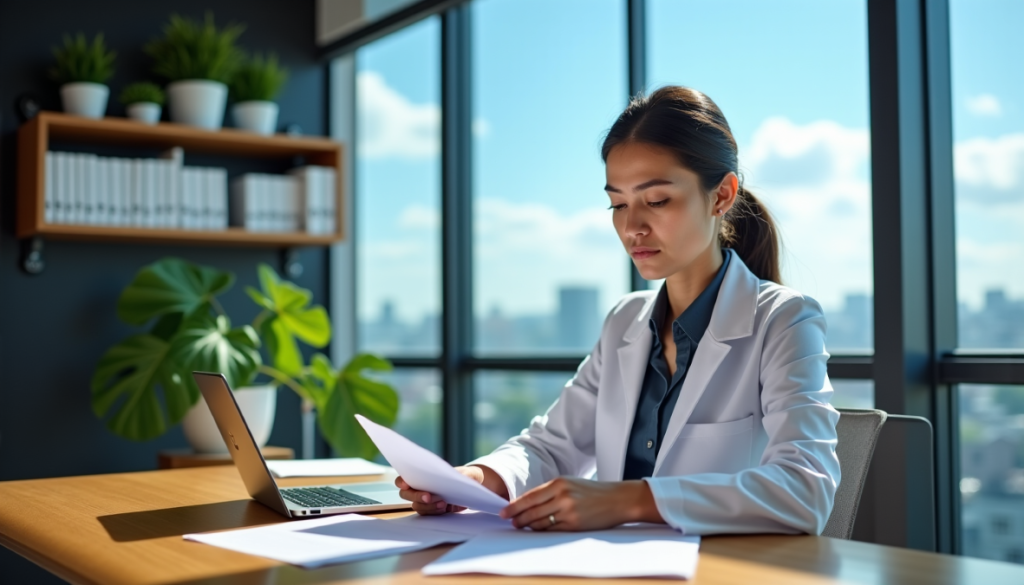 Une médecin lit attentivement un document d'assurance emprunteur à son bureau.