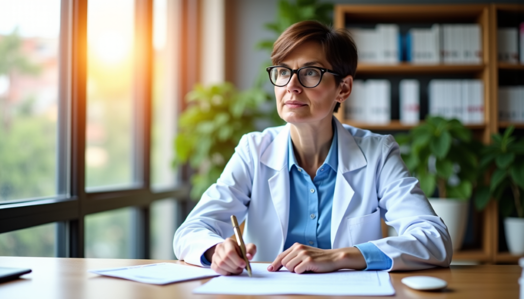 Une médecin réfléchit à son bureau, stylo à la main, face à la lumière du soleil.