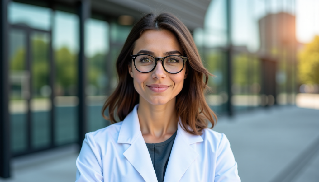 Assurance emprunteur : une professionnelle de santé devant son cabinet médical.