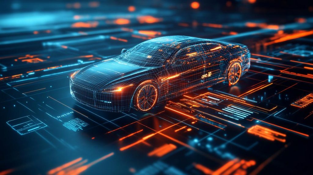 Voiture modélisée en 3D sur un circuit imprimé illustrant les avantages assurance auto en ligne.