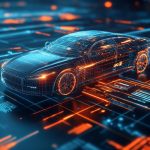 Voiture modélisée en 3D sur un circuit imprimé illustrant les avantages assurance auto en ligne.