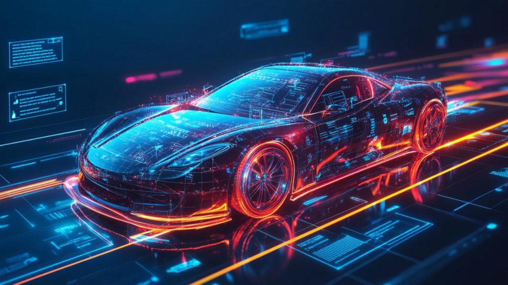 Véhicule futuriste en mouvement représentant la rapidité de souscription et les avantages assurance auto en ligne.