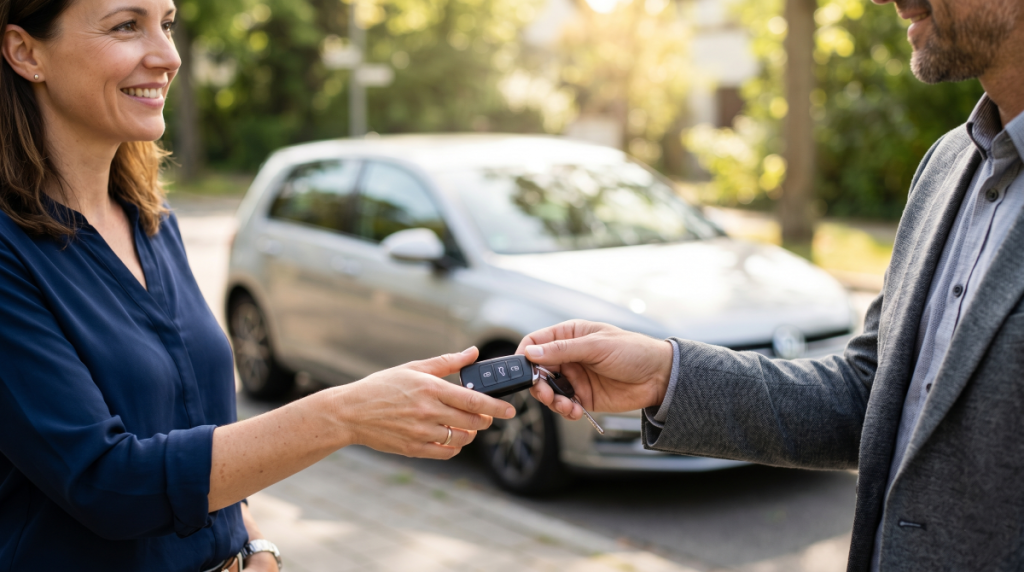 Assurance auto prêt de volant : échange de clés de voiture entre deux conducteurs