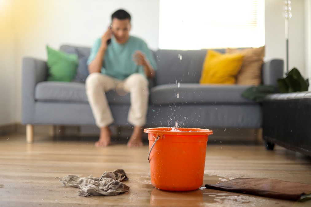 Jeune locataire gérant une fuite d'eau dans son salon, un sinistre classique pris en charge par l'assurance habitation étudiant.